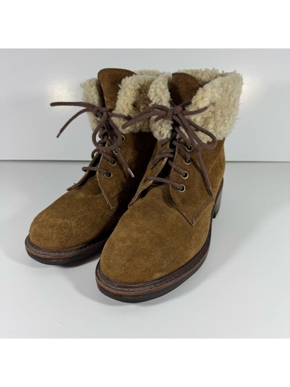 Cole Haan Country Chunky Suede Boots Womens 7.5 Tan Brown Lace Up Heeled Booties - Picture 2 of 12